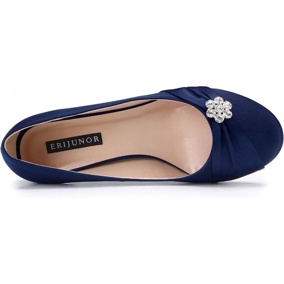 🆕Women's Navy Closed Toe Comfort Kitten Heels Rhinestones Satin Wedding - Picture 4 of 7